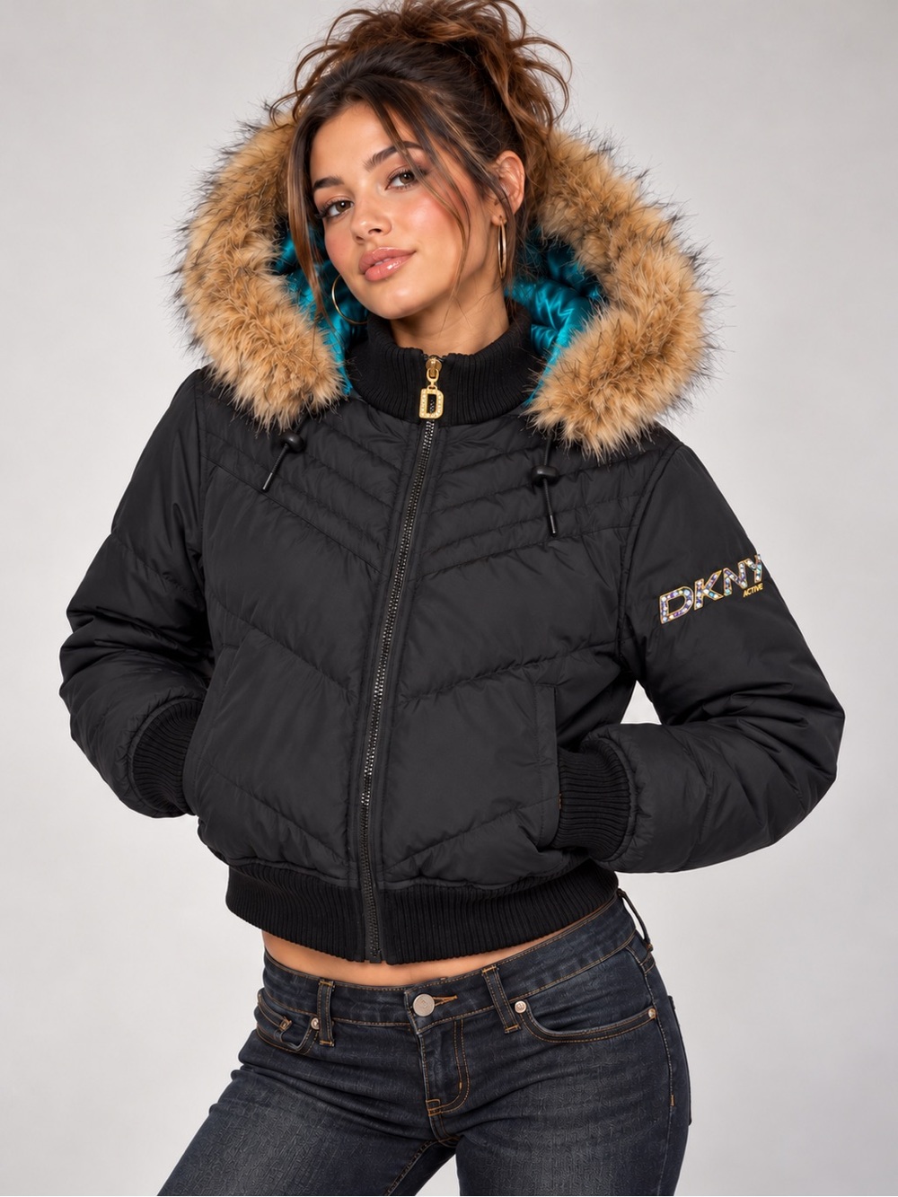 DKNY Active Black Down Puffer Jacket L Faux Fur Hood Y2K McBling Rhinestone